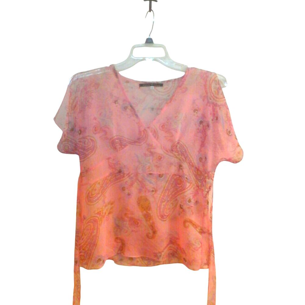 Chic Simple Blouse Women's med Pink Floral sheer Babydoll Tie Back Indie Sleeze